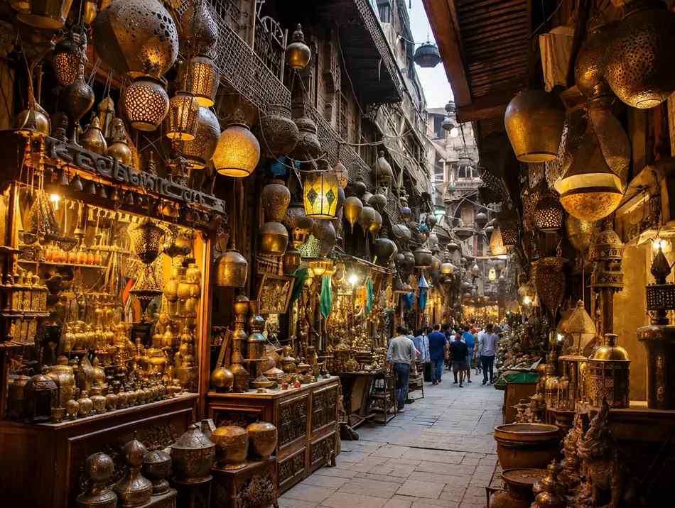 زقاق تتدلى فيه الفوانيس في خان الخليلي